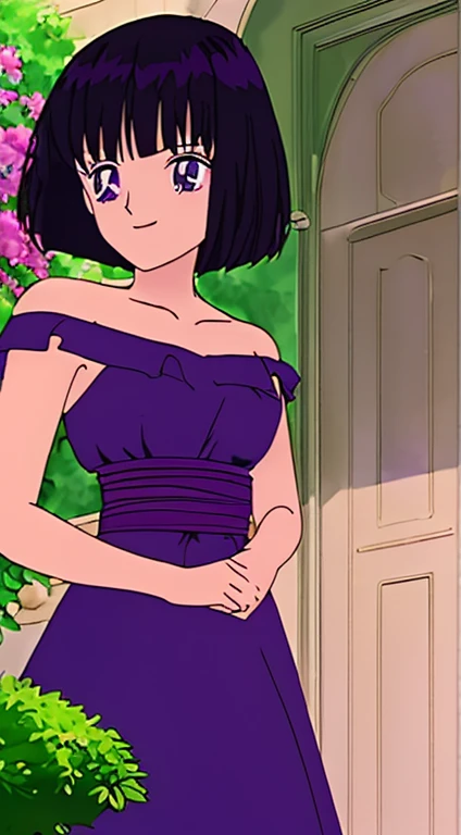 Best quality, masterpiece, Teenager, Hotaru Tomoe, Short Hair, Black Hair, Bob Hair, Bob Haircut, Purple Eyes, Smile, Bare Neck, Bare Arms, Bare Shoulders, Purple Dress, Strapless Purple Dress, Ruffle Off-the-Shoulder Top, Maxi Dress, Outside the Mansion, Looking at You, daytime, garden background, standing up