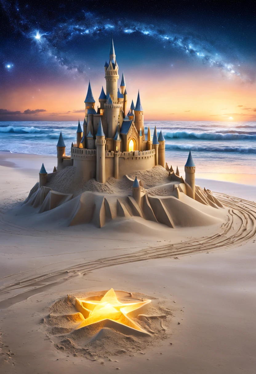 highres,ultra-detailed,starlit sandcastles,glowing sandcastles,shining sandcastles,beautiful sandcastles,starlight-adorned sandcastles,ethereal sandcastles,sandcastles under the starlight,starlit beach scene,glittering sand,sparkling sand,crystal-clear sand,crystalline sand,nighttime beach,starlit sky,heavenly constellations,intricate sand sculptures,impressive sand structures,sand architecture,majestic sandcastles,elaborate sand artwork,star-studded sandcastles,star-shaped sandcastles,shooting stars,animated constellations,awe-inspiring sandcastles,beach fantasy,coastal dreams,starlit magic,sparkling ocean waves,dazzling reflections,glowing seashells,glittering seagulls,surreal beach scene,starlight reflections,vivid colors,beachfront masterpiece,impressively large sandcastles,creative sand designs,mesmerizing starlight,pristine beach setting,vibrant sand textures,exquisite details,magical atmosphere,soft glow of the moonlit beach,serene ambiance,starlit dreamscape,peaceful ocean waves,whimsical sandcastles,rays of moonlight,tranquil scene.