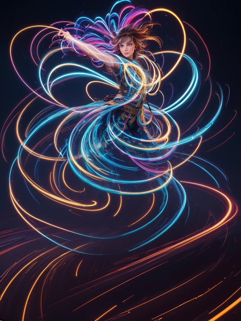 (masterpiece, best quality:1.4), light painting, (long exposure:1.2),dynamic streaks, luminous trails, vibrant colors, fluid movement, captivating patterns, creative experimentation,(1girl),(highest detailed),(cowboy shot:1.2),dynamic pose