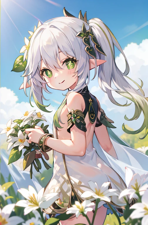 1 solo, nahida_genshin, cross-shaped pupils, smiling, nude, naked, white hair, green hair ornament, green cape, flower meadow, flowers, walking on the flower field