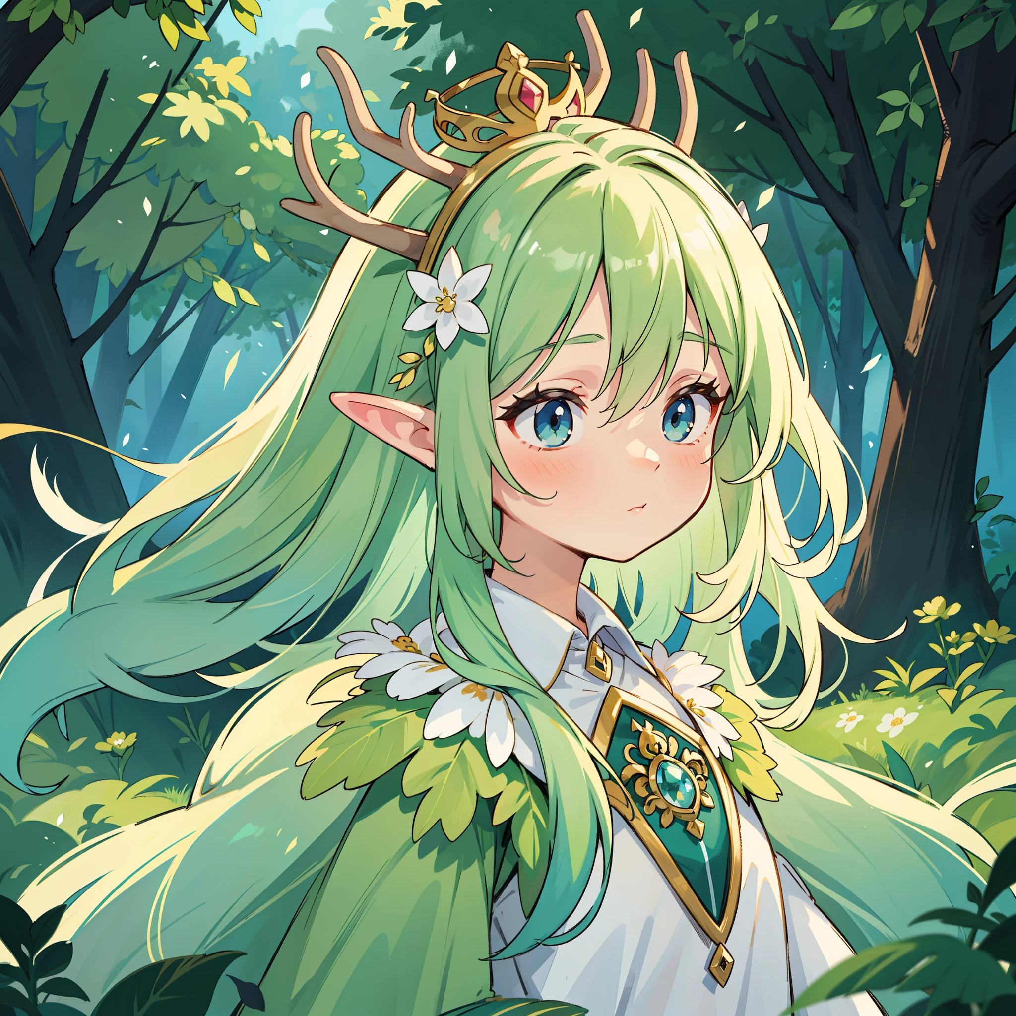 high high quality，masterpiece，Delicate facial features，Delicate hair，Delicate eyes，Delicate hair，animemanga girl，deer antlerlack color hair，florals, Dreamy style, Fantastic flower garden，fantasy style clothing,Romantic dress,  beautiful and elegant elf queen, a beautiful fantasy empress, Fantasy art style, ((a beautiful fantasy empress)), Anime fantasy illustration, high priestess, fey queen of the summer forest, anime art nouveau, goddess of the forest, portrait of an elf queen, A beautiful artwork illustration，8K high quality detailed art（Delicate facial portrayal）（Fine hair depiction）（highest  quality）（Master masterpieces）（High degree of completion）（a sense of atmosphere）8k wallpaper，tmasterpiece，Best quality at best，ultra - detailed