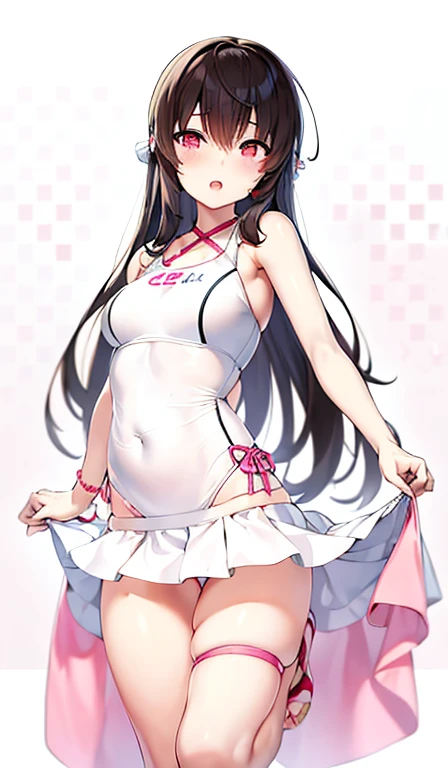 Anime girl wearing a pink skirt and white swimsuit, Swimsuit half-off, oppai, Swimsuit, oppai proportions, small curvy , Seductive Anime Girl,  Ecchi anime style, Chic, swim wears, Full body!!, !!Full body portrait!!, Dya Kurosawa,