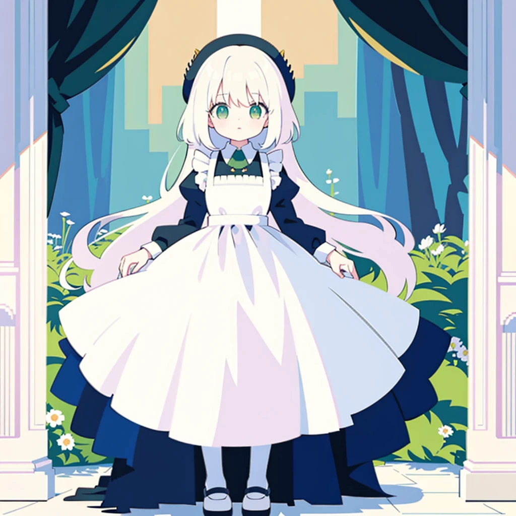 (masterpiece, top quality, best quality), pixel, pixel art, 1girl, full body, white hair, green eyes, blue maid dress