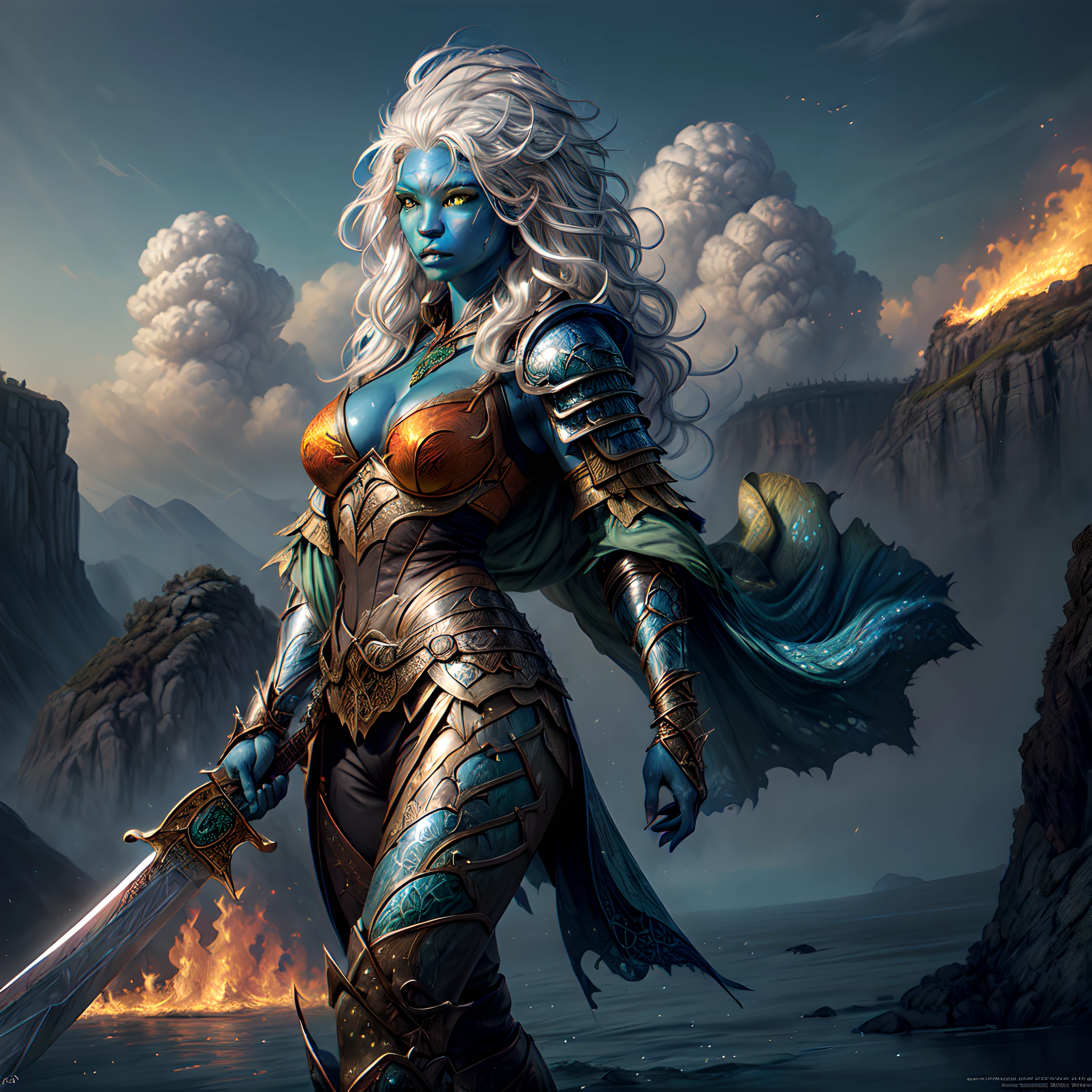 fantasy art, dnd art, RPG art, drkfntasy wide shot, (masterpiece:1.3), full body intense details, highly detailed, photorealistic, best quality, highres, portrait of a exotic race vedalken female (fantasy art, Masterpiece, best quality: 1.3) (blue colored skin: 1.3), intense details facial detail fantasy art, Masterpiece, best quality)cleric, (blue colored skin: 1.3) 1person blue_skin, (bold head: 1.4), intense green eye, fantasy art, Masterpiece, best quality) armed a fiery sword red fire, wearing heavy (white: 1.3) half plate mail armor LnF wearing high heeled laced boots, wearing an(orange :1.3) cloak within fantasy temple near river background and sun and clouds, reflection light, high details, best quality, 16k, [ultra detailed], masterpiece, best quality, (extremely detailed), dynamic angle, ultra wide shot, photorealistic, RAW, fantasy art, dnd art, fantasy art, realistic art