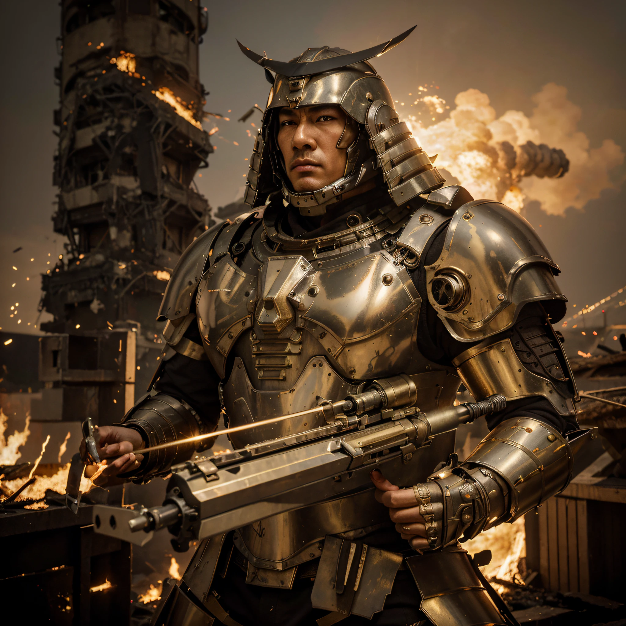 guerrero masculino, Cara japonesa, casco estilo samurai, Modern Japanese style cyborg full heavy metal armor, color dorado con detalles blancos, debajo de la armadura lleva un uniforme militar beige., holds an ultra-modern laser rifle, he is in a completely destroyed modern asian city, Fuego, Explosiones, humo, 4k, Imagen ultra detallada, realista, Altamente detallado, perfect composition, splendid, Intrincadamente detallado, Incredibly detailed, 8 k artistic photography, hiper detallado, Obra maestra, Ultra detallado, hiperrealista, 4k, Imagen ultra detallada, realista, Altamente detallado, perfect composition, splendid, Intrincadamente detallado, Incredibly detailed, 8K fine art photography, hiper detallado, Obra maestra
