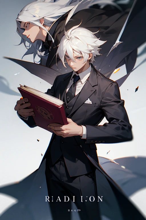 Character with white hair and in a suit holding a book with the name raiton rap