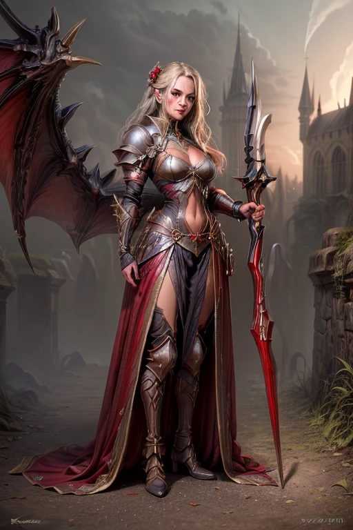Hohe Detailgenauigkeit, best quality, 8K, [Ultra-detailliert], Meisterwerk, best quality, (Extrem detailliert), Dynamischer Winkel, Ultra-Weitwinkel-Aufnahme, .RAW, fotorealistisch, Fantasy-Kunst, DND-Kunst, RPG-Kunst, Realistische Kunst, full body shot, one beautiful female warrior, only person in shot, perfect and beautiful symmetrical face like Jessica Alba, blaue Augen, mischievous smile, Langes lockiges Haar, Wears heavy plate armor with Lord of the Rings-style decorations, perfect hands, Highly detailed, (majestic spear:1.1) in his hand, Spear thrust, (Blut:1.5), Schroffe Landschaft, Sonne, nightfall, Big Medieval Castle in Background with Dragons circling around the towers, Sterne am Himmel, Mond und Mondlicht, dynamische Pose, drastic atmosphere, filmischer Hintergrund, (Meisterwerk:1.2), hight resolution