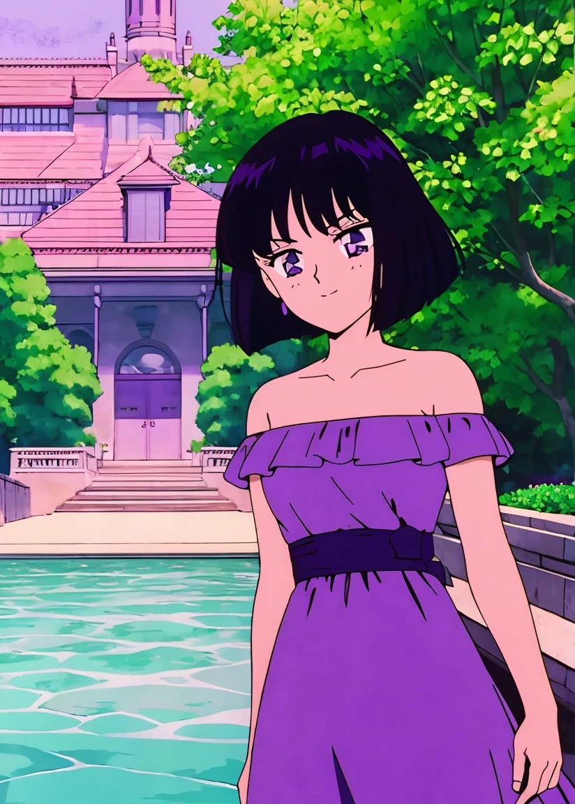 Best quality, masterpiece, Teenager, Hotaru Tomoe, Short Hair, Black Hair, Bob Hair, Bob Haircut, Purple Eyes, Smile, Bare Neck, Bare Arms, Bare Shoulders, Purple Dress, Strapless Purple Dress, Ruffle Off-the-Shoulder Top, Maxi Dress, Outside the Mansion, Looking at You, daytime, garden background, standing up