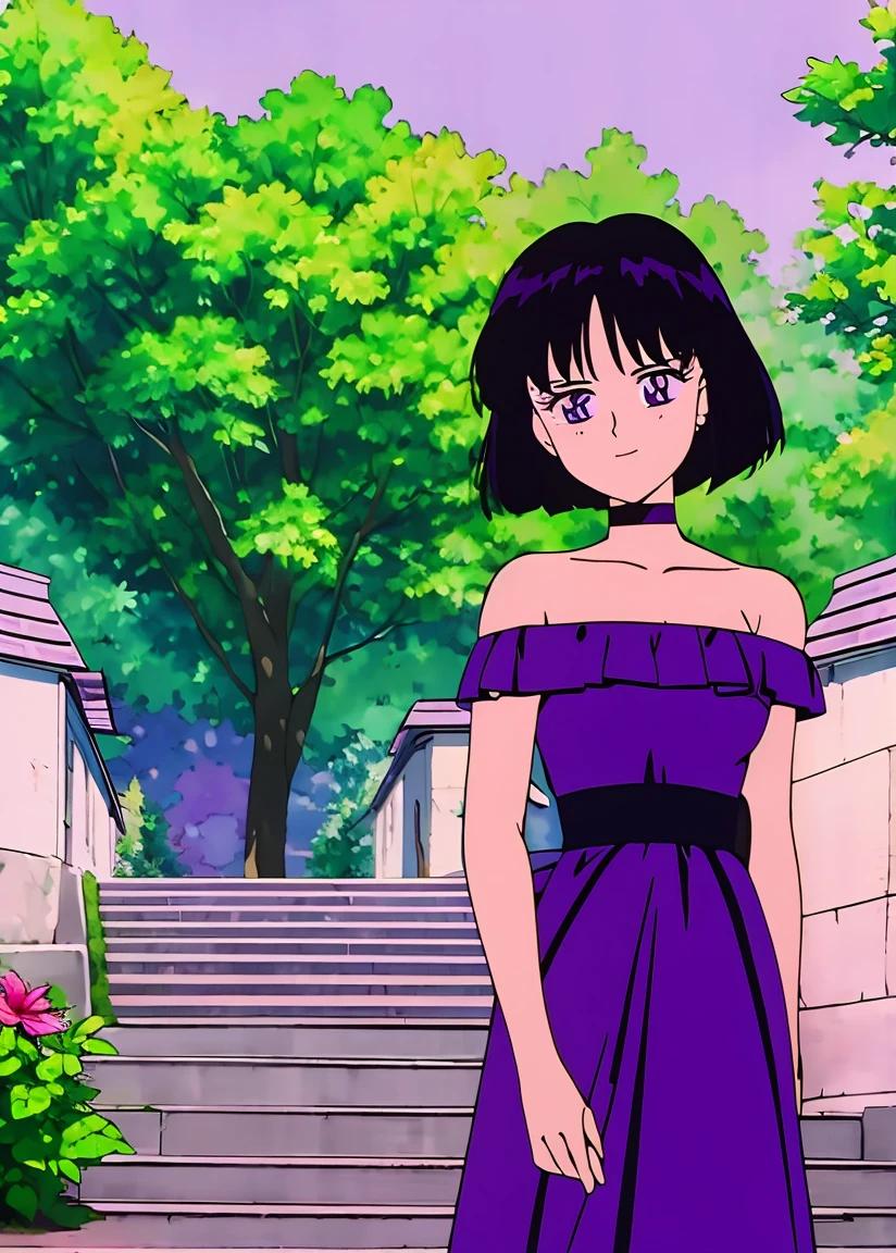 Best quality, masterpiece, ager, Hotaru Tomoe, Short Hair, Black Hair, Bob Hair, Bob Haircut, Purple Eyes, Smile, Bare Neck, Bare Arms, Bare Shoulders, Purple Dress, Strapless Purple Dress, Ruffle Off-the-Shoulder Top, Maxi Dress, Outside the Mansion, Looking at You, daytime, garden background, standing up