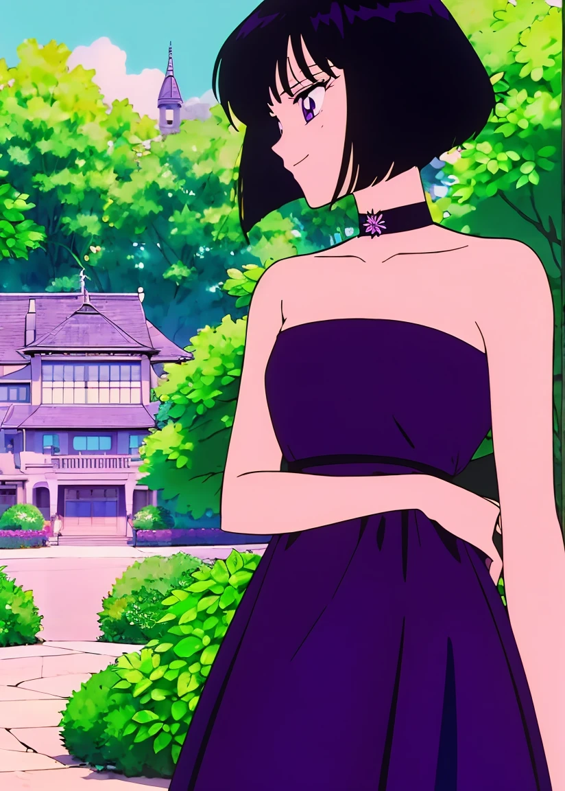 Best quality, masterpiece, Teenager, Hotaru Tomoe, Short Hair, Black Hair, Bob Hair, Bob Haircut, Purple Eyes, Smile, Bare Neck, Bare Arms, Bare Shoulders, Purple Dress, Strapless Purple Dress, Ruffle Off-the-Shoulder Top, Maxi Dress, Outside the Mansion, Looking at You, daytime, garden background, standing up