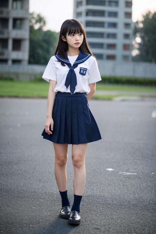 ((Inside a broken concrete building))、((Beautiful japanese girl))、Same school uniform、Same sailor suit、20yr old、With bangs、Long hair, height 170cm、8th class、Anger expression、((Navy long skirt below knee length))、Pitch black night、total darkness、deep in the night、the wind、Thin leg、Niō Standing、put strength into your body、