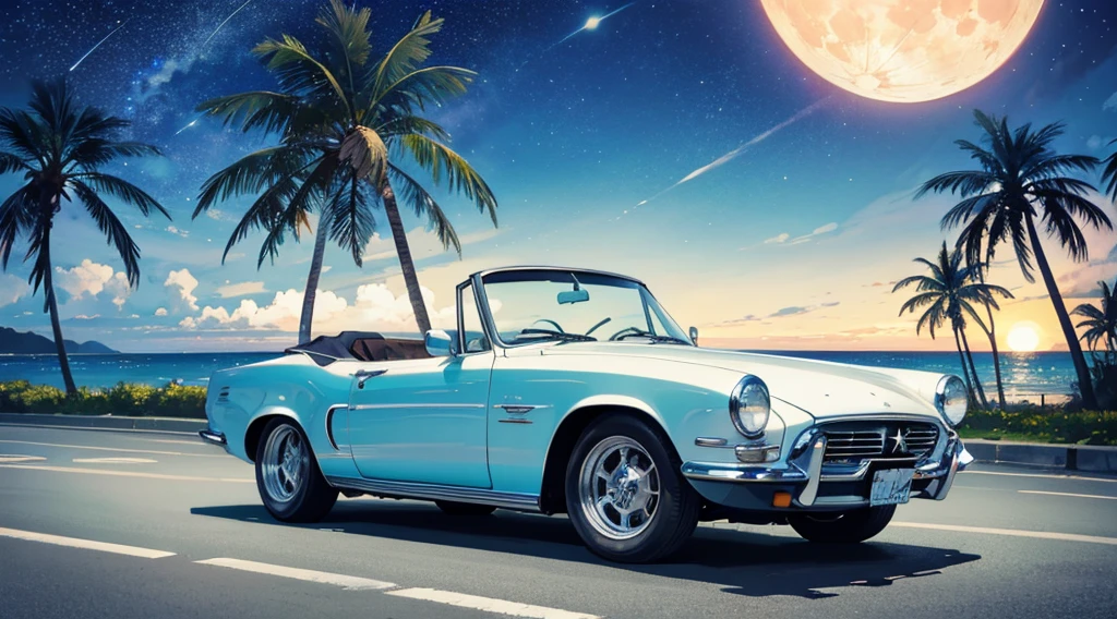 seaside road, starry sky, big moon, palm trees, classic convertible car
