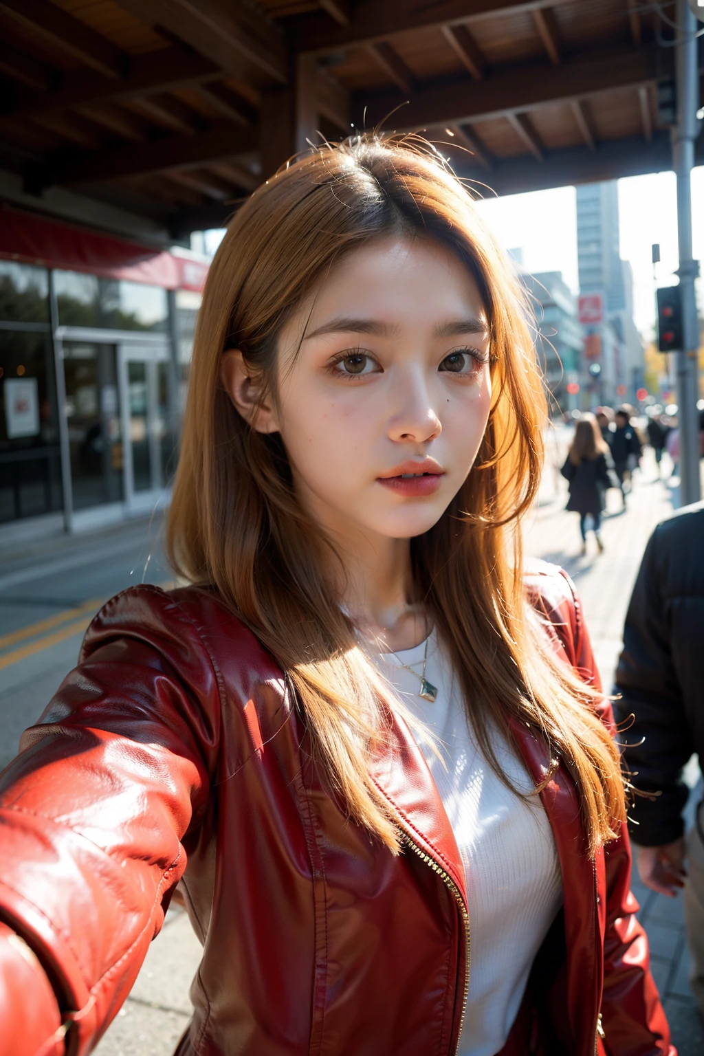 ((best quality)), ((masterpiece)), (detailed), perfect face, korean girl, visiting canada, outside, winter, red jacket, dirty blonde hair, selfie, downtown Toronto, photorealistic, 8k, high detail, pores,