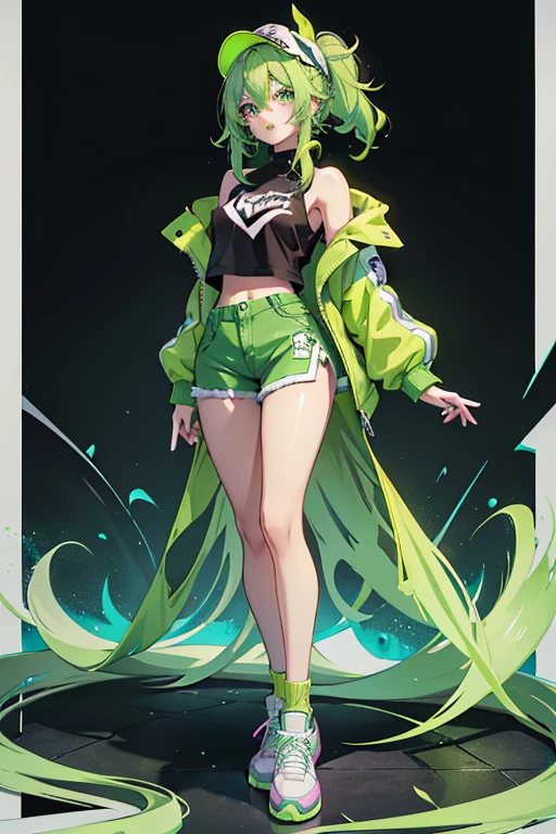 Jade is a fair skinned teenage girl with a medium build. She has wavy, hip-length apple green hair parted to the side and turquoise doe-eyes. Her makeup typically consists of various shades of green eyeshadow combined with a chocolate-colored smoky eye, rosy blush, and taupe nude lipstick. Jade's signature outfit consists of a baggy, black T-shirt with a large "Anti Sparkle Sparkle Club" logo partially covered by a crude, bright green heart. She wears neon green midi or knee length shorts with a black graffiti pattern spelling out various phrases across them, for example Rainbow and Sparkle. She also has a bright green puffer jacket, and a lime green beanie. Her shoes are neon green sneakers with a translucent pink gel sole, black laces, and white bubble letters that spell "RAI" on one side and "BOW" on the other. cute
