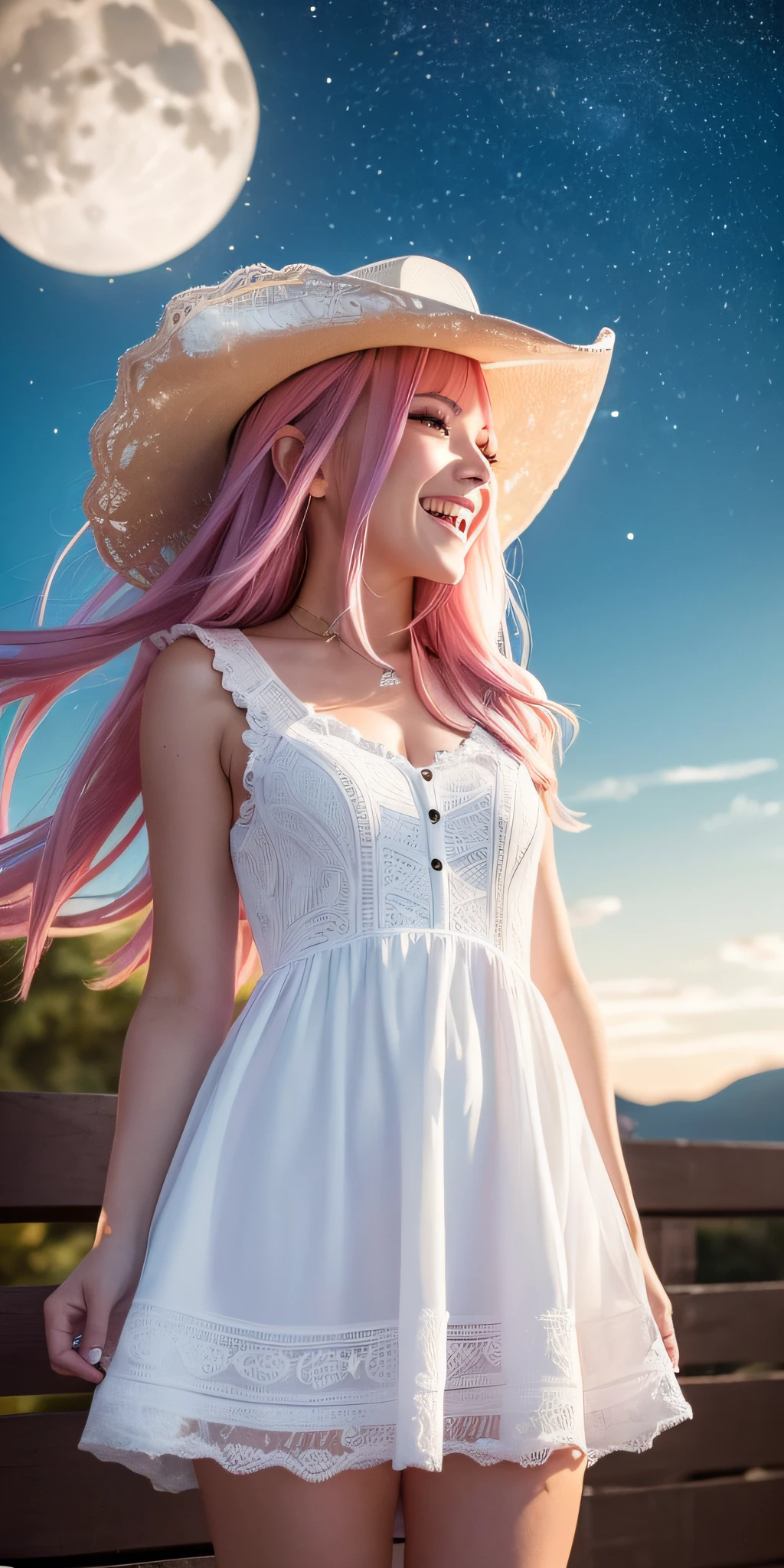 A woman with pink hair wearing a white dress and a hat - SeaArt AI