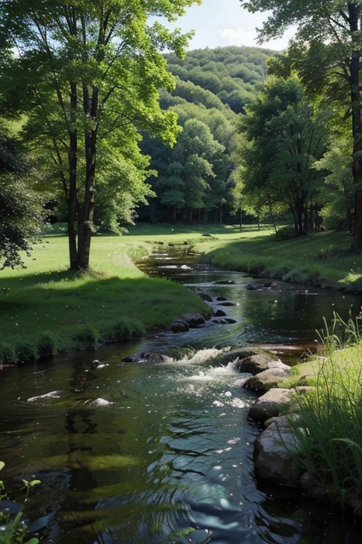 beautiful place full of green trees and flowery fields and with green grass and streams and lakes