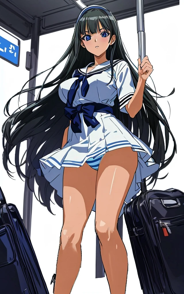 A beautiful woman with long black hair, big breasts, and beautiful legs is standing on a bus in a white sailor suit with a miniskirt, showing off light blue and blue striped panties.。