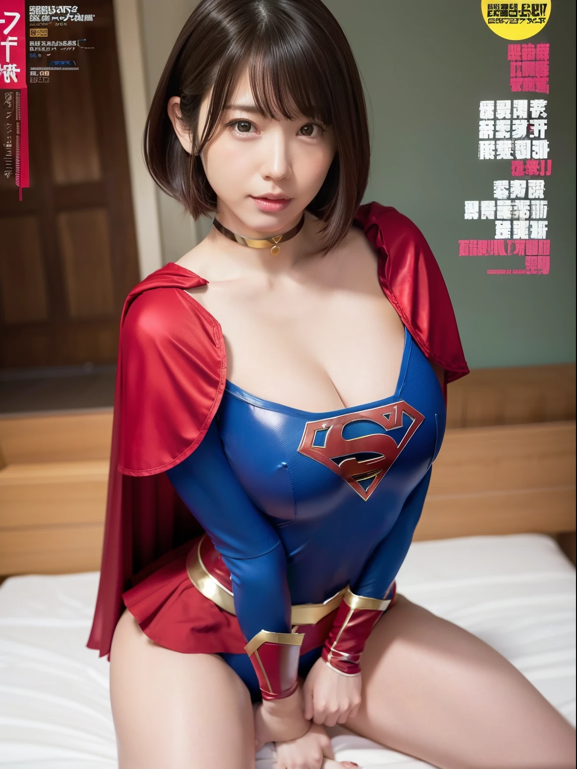 masterpiece,Supergirl Costume, short-hair, bare-legged, large full breasts,surgery room、Operating table、straddle、depraved、shiny、Looking at the camera、Provocation、estrus、Cowgirl、Trance、Fayue、enjoyment、The sheen、Red shortcloak、a choker、Weekly magazine cover、bewitching poses
