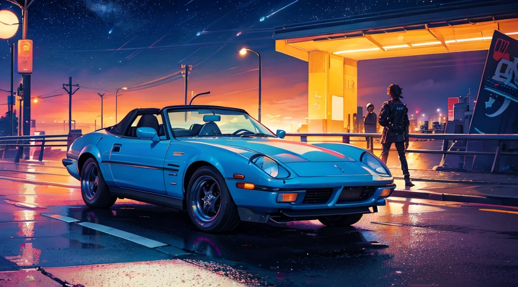 cyberpunk road by the sea, starry sky, big moon, classic convertible car
