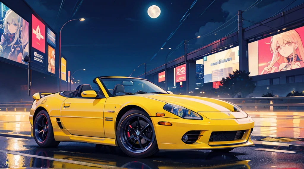 cyberpunk road by the sea, starry sky, big moon, classic convertible car