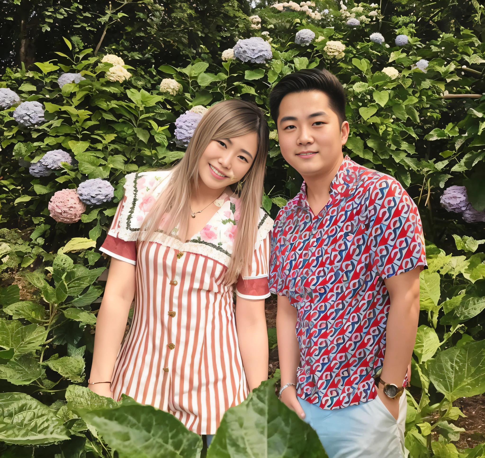 Two people standing in the garden with flowers, with ivy, ruan jia and brom, Stand in the botanical garden, Jin Shan and Ross Tran, KDA and Sam Yang, Sakimichan and Frank Franzzeta, In the garden, Ruan Jia and Fenghua Zhong, lovely couple, shot on nikon z9