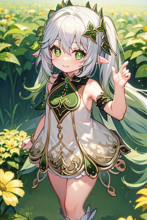 1 little girl solo, nahida_genshin, cross-shaped pupils, smiling, nude, naked, white hair, green hair ornament, green cape, flower meadow, flowers, walking on the flower field