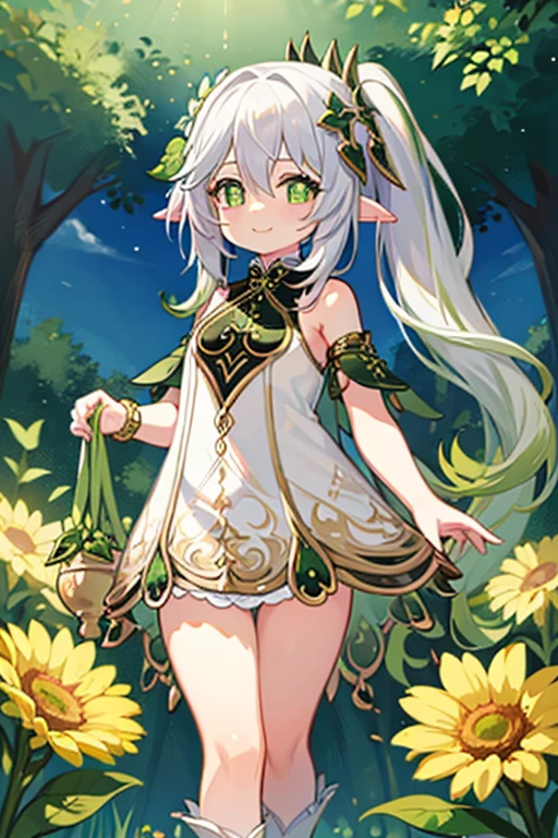 1 solo, nahida_genshin, cross-shaped pupils, smiling, nude, naked, white hair, green hair ornament, green cape, flower meadow, flowers, walking on the flower field