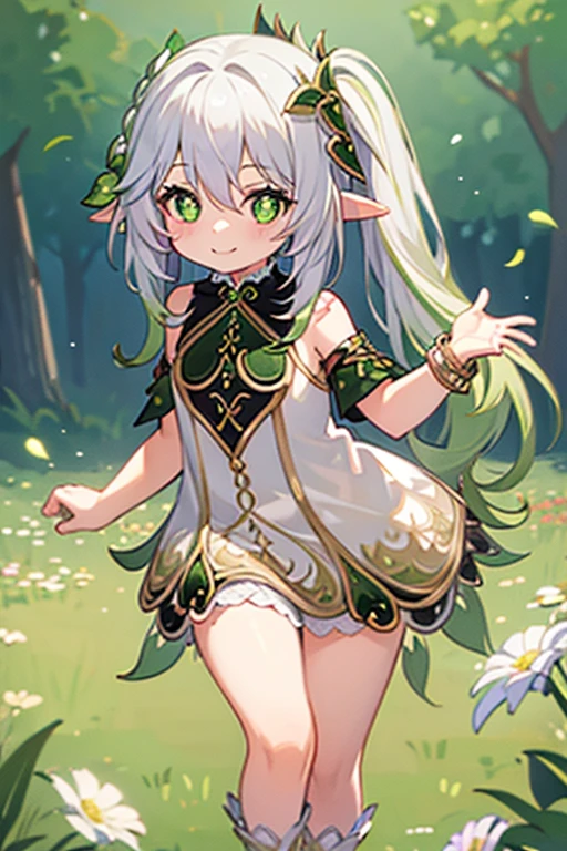 1 little girl solo, nahida_genshin, cross-shaped pupils, smiling, nude, naked, white hair, green hair ornament, green cape, flower meadow, flowers, walking on the flower field