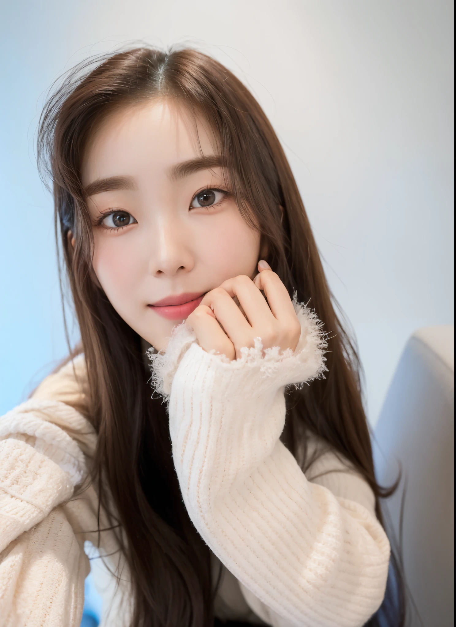Arafed woman with long brown hair and a white sweater, warm and gentle smile, Joven y adorable rostro coreano, Wan adorable cara coreana, 8k selfie photograph, Jaeyeon Nam, Lee Ji - Eun, Lee Ji-eun, Linda actriz coreana, Hermosa joven coreana, Hermosa joven coreana, con cara linda - fina -, Retrato suave disparado 8K