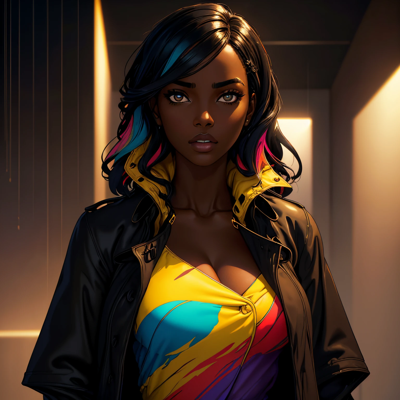 Abstract masterpiece, (sharp focus:1.2), oil painting, attractive young black woman with dark skin , (beautiful face:1.1), detailed eyes, (natural makeup:0.85), wearing ((soft colorful trench coat:1.2)). (moody lighting:1.2), depth of field, bokeh, 4K, HDR.  Surrealism, Juxtaposition composition, by De Stijl , Alessandro Gottardo, Dhyana, Scattered Composition