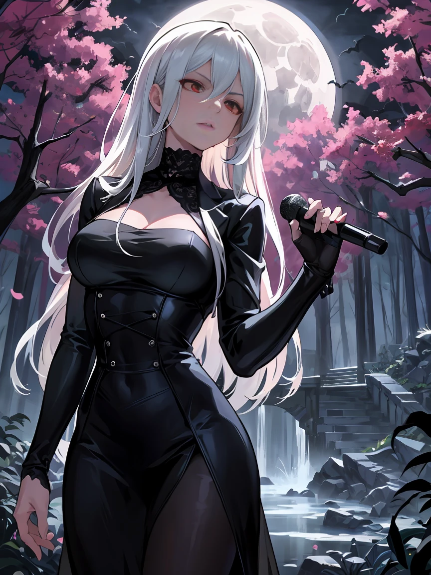 Bad girl, mature woman, older, long chiseled face, masterpiece, best quality, ultra detailed, 1girl,
Ivory-maned siren, medium length hair, red eyes, haunting gaze, painstakingly crafted eyes, black gothic dress, alluring clothing, night, moonlight, trees, plants, flowers, bats, horror scenery, detailed scenery, standing up, microphone in right hand, woman singing