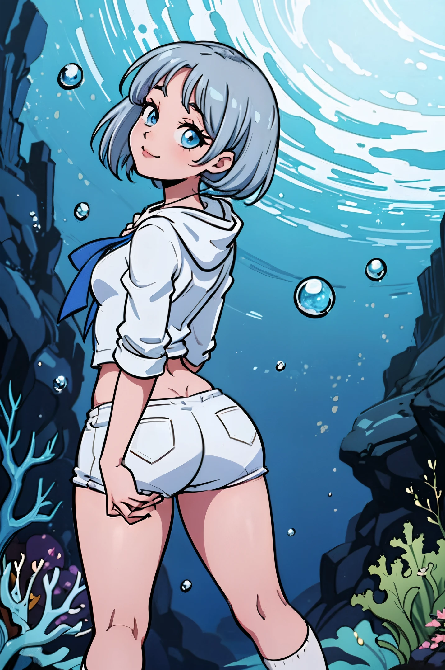 ((top-quality)), ((​masterpiece)), ((ultra-detailliert)), (Extremely delicate and beautiful), girl with, report, cold attitude,((White hoodie)),She is very(relax)with  the(Settled down)Looks,depth of fields,Evil smile,Bubble, under the water, Air bubble,Underwater world bright light blue eyes,inner color with bright gray hair and light blue tips,,,,,,,,,,,,,,,,,,,,,,Cold background,Bob Hair - Linear Art, shortpants、knee high socks、White uniform like school uniform、Light blue ribbon ties、Clothes are sheer、The hand in my right pocket is like a sapphire,Fronllesse Blue, A small blue light was floating、fantastic eyes、selfy,Self-shot、Bangs fall on the eyes, (give a sexy impression.), (arched back, Appearance from behind, round ass:1.7)