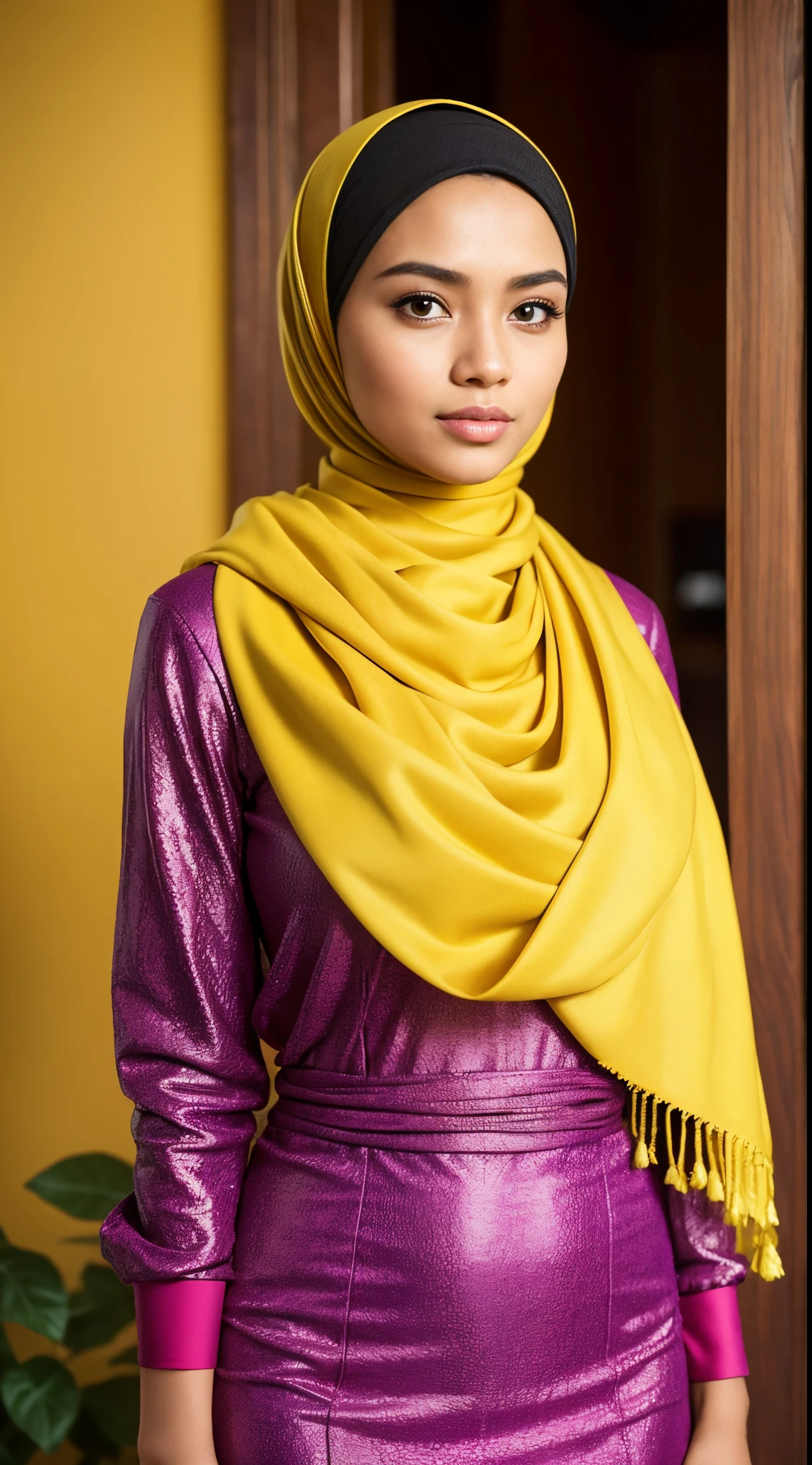 RAW, Best quality, high resolution, masterpiece: 1.3), beautiful Malay woman in hijab,Masterpiece, perfect slim fit body, Huge breast,big gorgeous eyes, Soft smile,a close up of a woman in a yellow dress and a blue scarf, jacked yellow, wearing yellow attire, wearing beautiful clothes, beautiful design, hijab, in crimson yellow, very beautiful enga style, beautiful masterpiece, fine details. Yellow, wearing gorgeous clothing, dominating yellow and blue color, crimson themed , (Delicate turtleneck) , necklace, shairband, afternoon walk, City garden, Excellent lighting, Bright colors, Clean lines