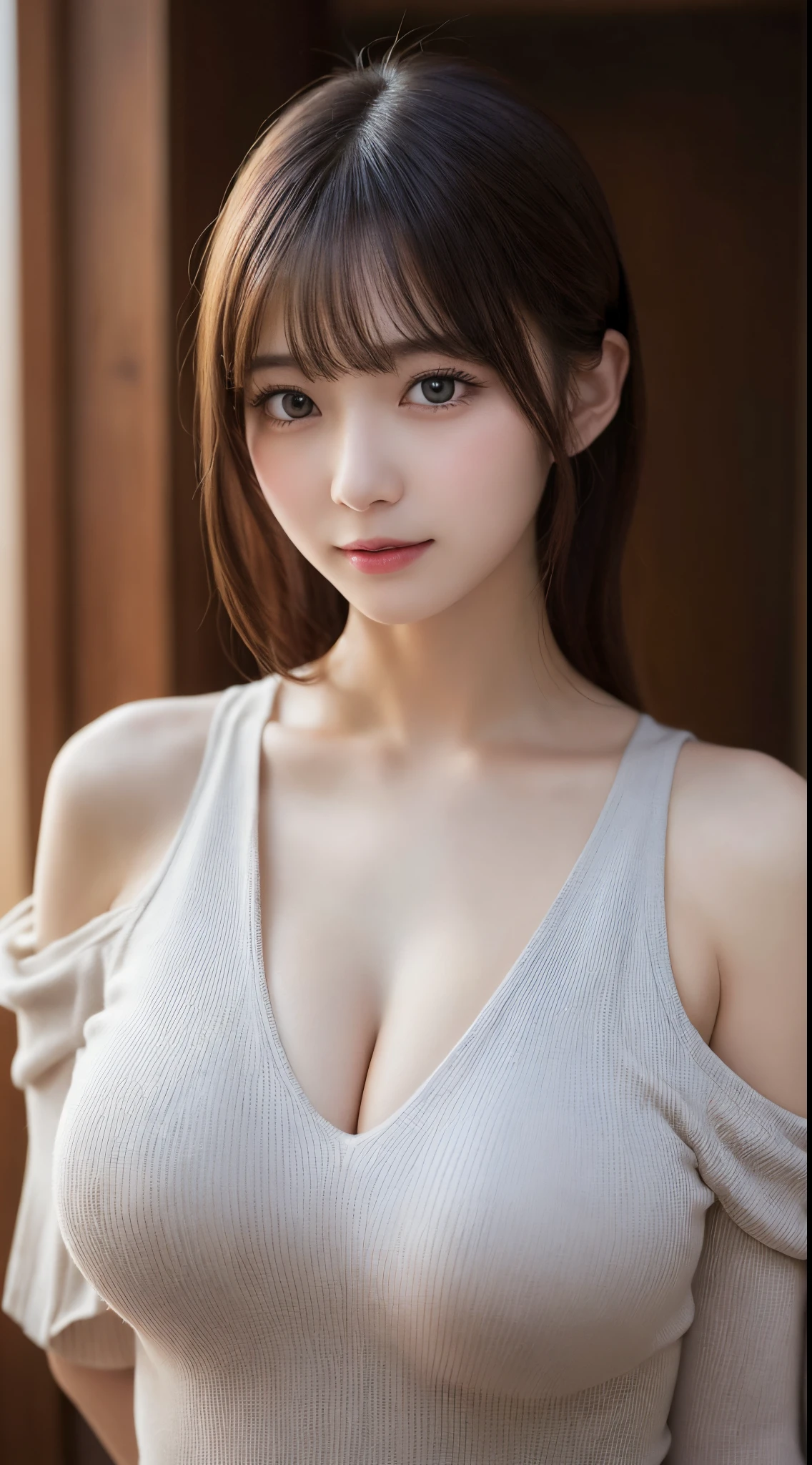 masutepiece, Best Quality, Illustration, Ultra-detailed, finely detail, hight resolution, 8K Wallpaper, Perfect dynamic composition, Beautiful detailed eyes,  Natural Lip, (Big breasts:1.4), Random sexy poses,Raw photo,kawaii,ssmile、Tight knit dress that makes your chest look beautiful - chest coordination、off shoulders