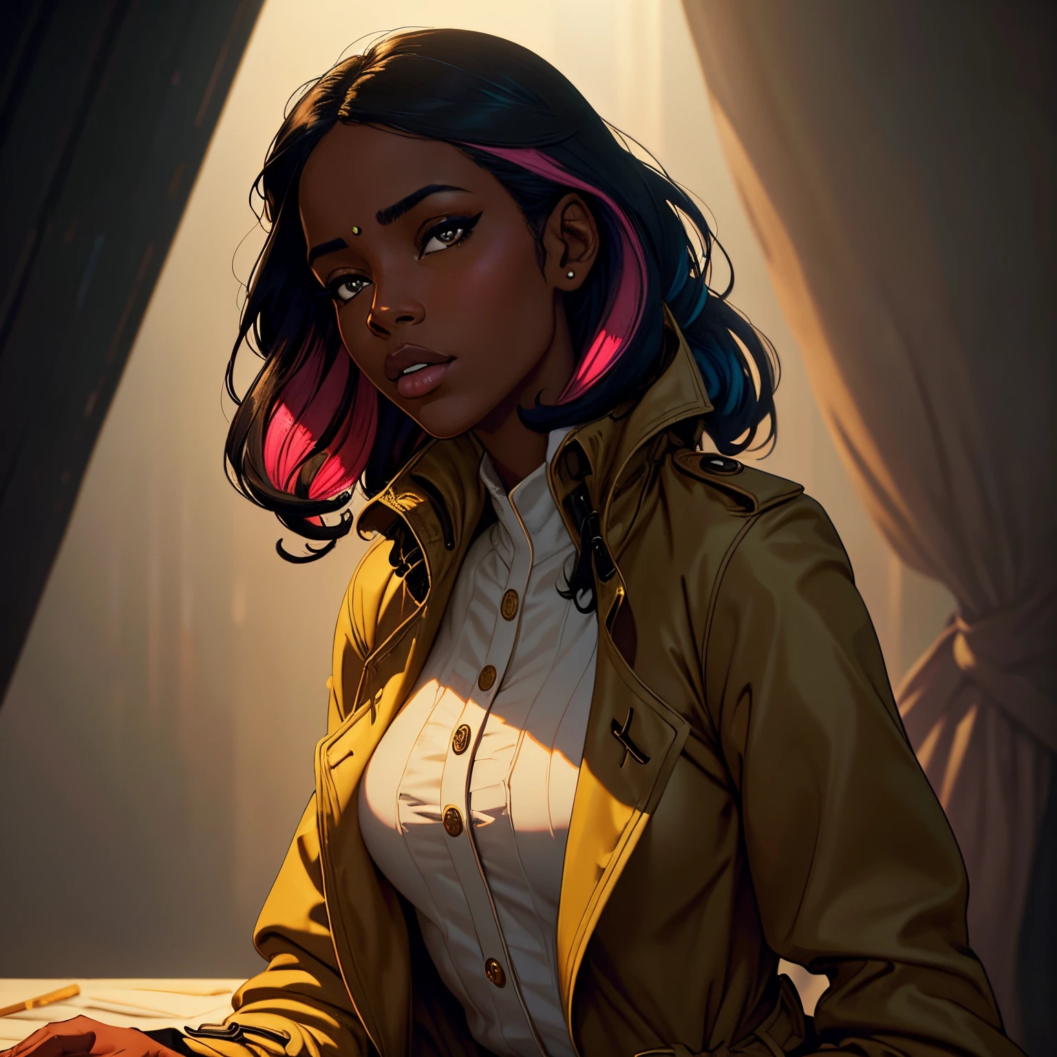 Abstract masterpiece, (sharp focus:1.2), photo, attractive young black woman with dark skin , (beautiful face:1.1), detailed eyes, luscious lips, (natural makeup:0.85), wearing ((soft colorful trench coat:1.2)). (moody lighting:1.2), depth of field, bokeh, 4K, HDR. by (James C. Christensen:1.2|Jeremy Lipking:1.1), Surrealism, Juxtaposition composition, De Stijl , Alessandro Gottardo, Dhyana, Scattered Composition