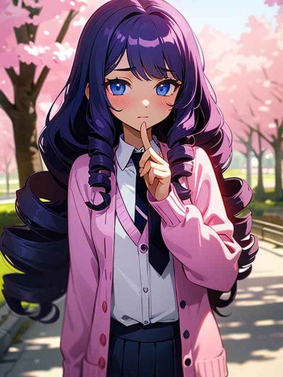 A beautiful girl with long wavy violet hair, drill curls, blue eyes, light tanned skin, blank expression, slight blush, wearing a white long sleeve shirt, plain black necktie, and pink cardigan, at the park, surrounded by cherry blossom trees
