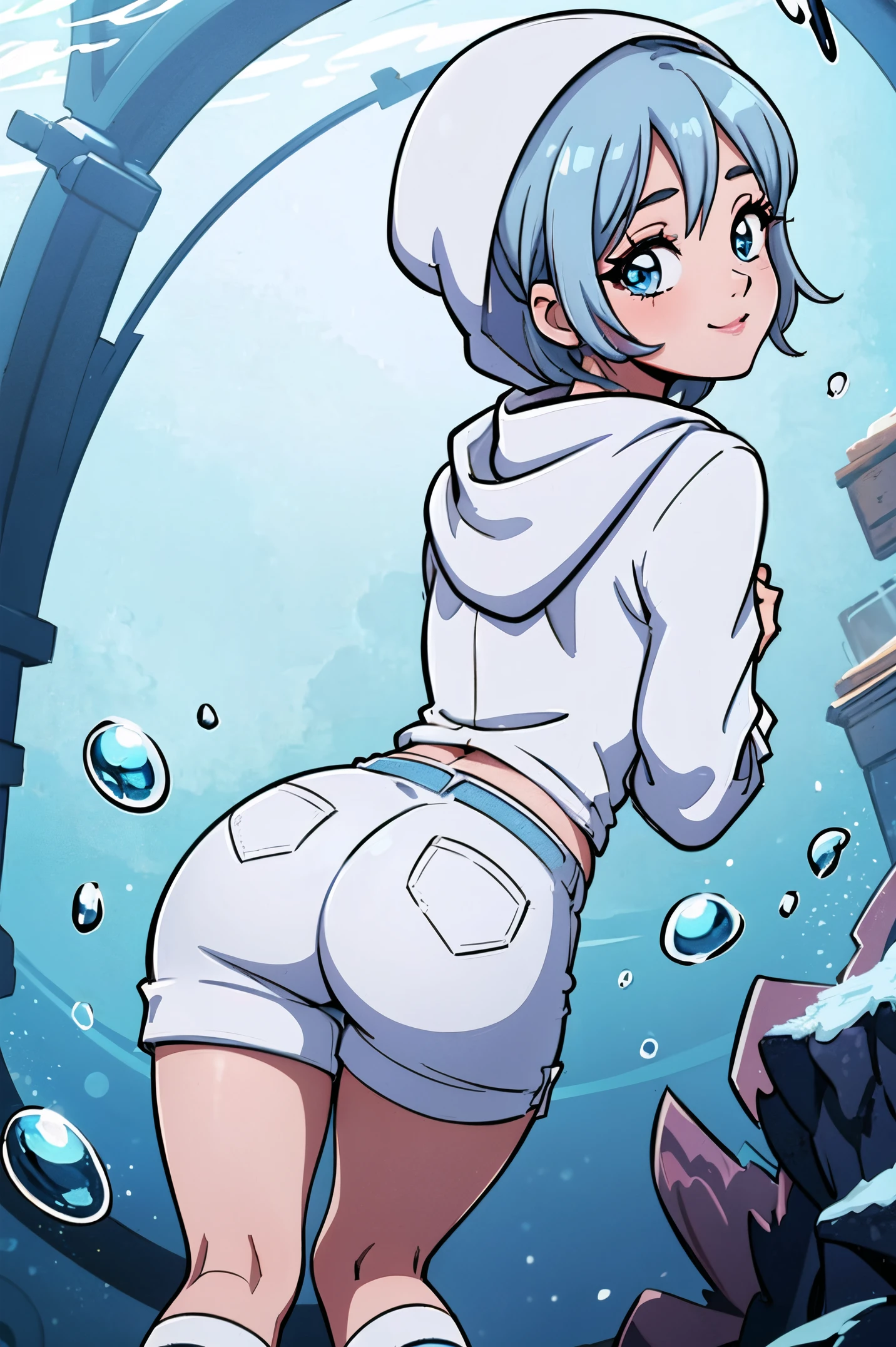 ((top-quality)), ((masterpiece)), ((ultra-detailliert)), (Extremely delicate and beautiful), girl with, report, cold attitude,((White hoodie)),She is very(relax)with the(Settled down)Looks,depth of fields,Evil smile,Bubble, under the water, Air bubble,Underwater world bright light blue eyes,inner color with bright gray hair and light blue tips,,,,,,,,,,,,,,,,,,,,,,Cold background,Bob Hair - Linear Art, shortpants、knee high socks、White uniform like school uniform、Light blue ribbon ties、Clothes are sheer、The hand in my right pocket is like a sapphire,Fronllesse Blue, A small blue light was floating、fantastic eyes、selfy,Self-shot、Bangs fall on the eyes, (give a sexy impression.), (arched back, Appearance from behind, round ass:1.7)