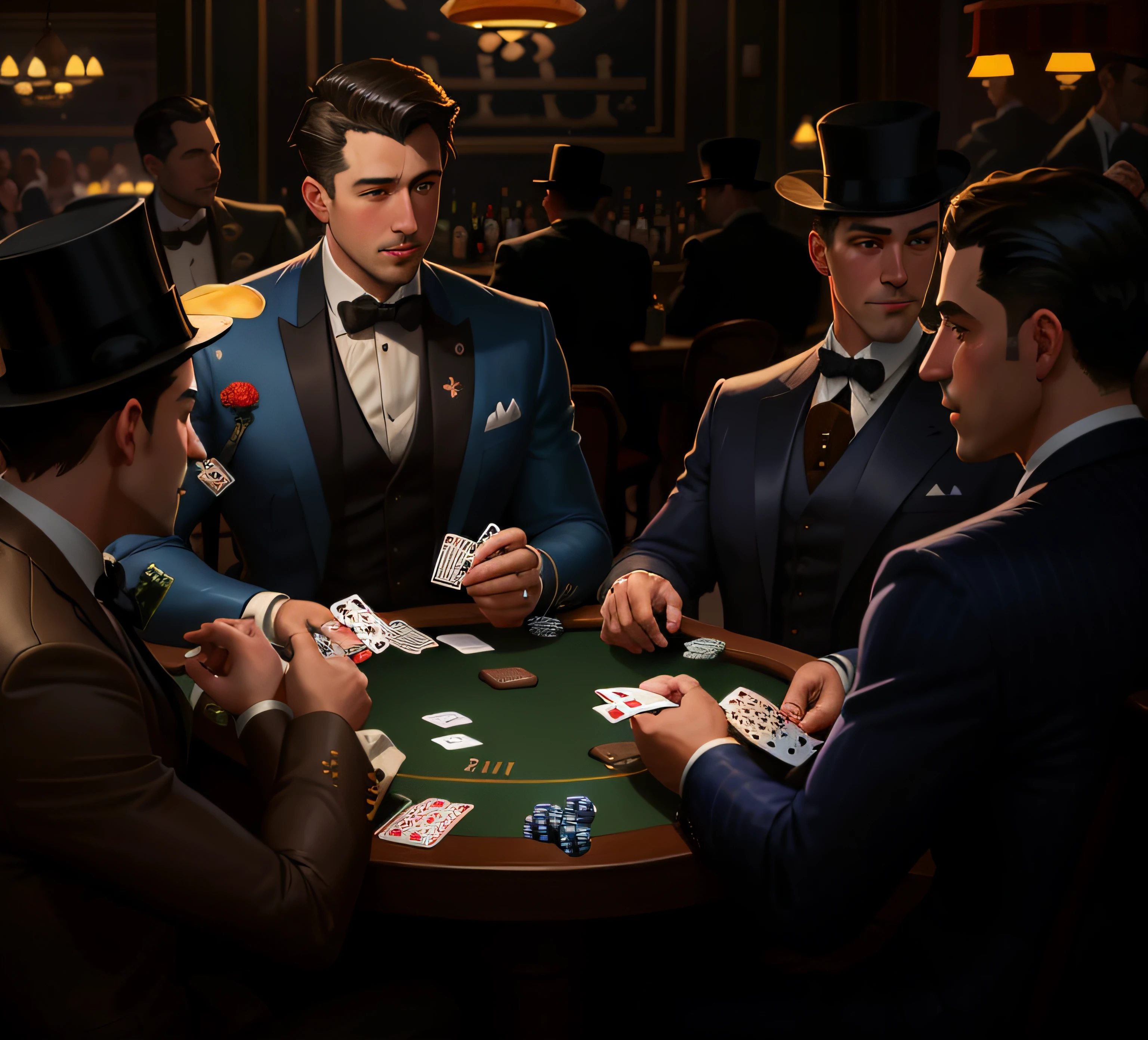 Painting of a group of men playing cards at a table, Card game illustration, Play poker, Game illustration, Stylized digital illustration, card player, Play poker at the bar, Boggs, card art, inspired by Jean Béraud, Inspired by Jack Ross, inspired by Vincent Lefevre, casino, Wayne England, , detailed game art illustration