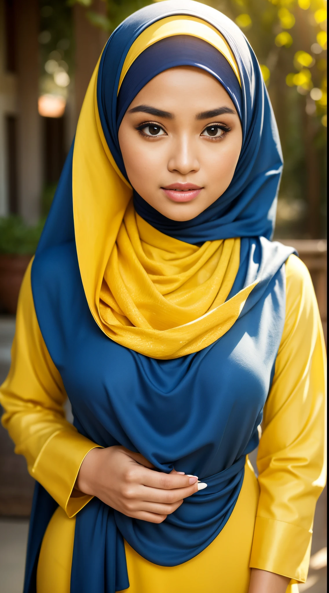 RAW, Best quality, high resolution, masterpiece: 1.3), beautiful Malay woman in hijab,Masterpiece, perfect slim fit body, Huge breast,big gorgeous eyes, Soft smile,a close up of a woman in a yellow dress and a blue scarf, jacked yellow, wearing yellow attire, wearing beautiful clothes, beautiful design, hijab, in crimson yellow, very beautiful enga style, beautiful masterpiece, fine details. Yellow, wearing gorgeous clothing, dominating yellow and blue color, crimson themed , (Delicate turtleneck) , necklace, shairband, afternoon walk, City garden, Excellent lighting, Bright colors, Clean lines