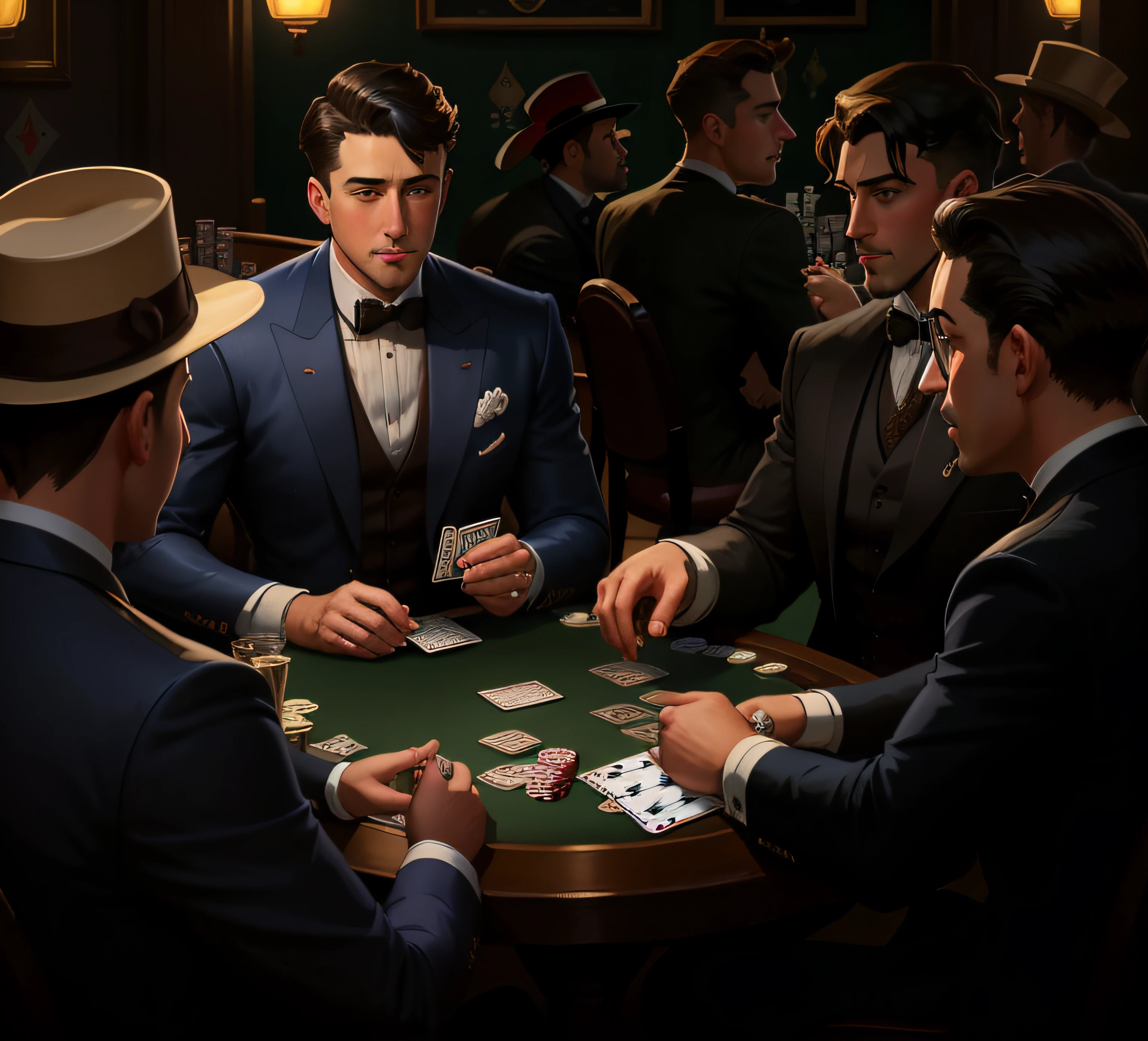 Painting of a group of men playing cards at a table, Card game illustration, Play poker, Game illustration, Stylized digital illustration, card player, Play poker at the bar, Boggs, card art, inspired by Jean Béraud, Inspired by Jack Ross, inspired by Vincent Lefevre, casino, Wayne England, , detailed game art illustration