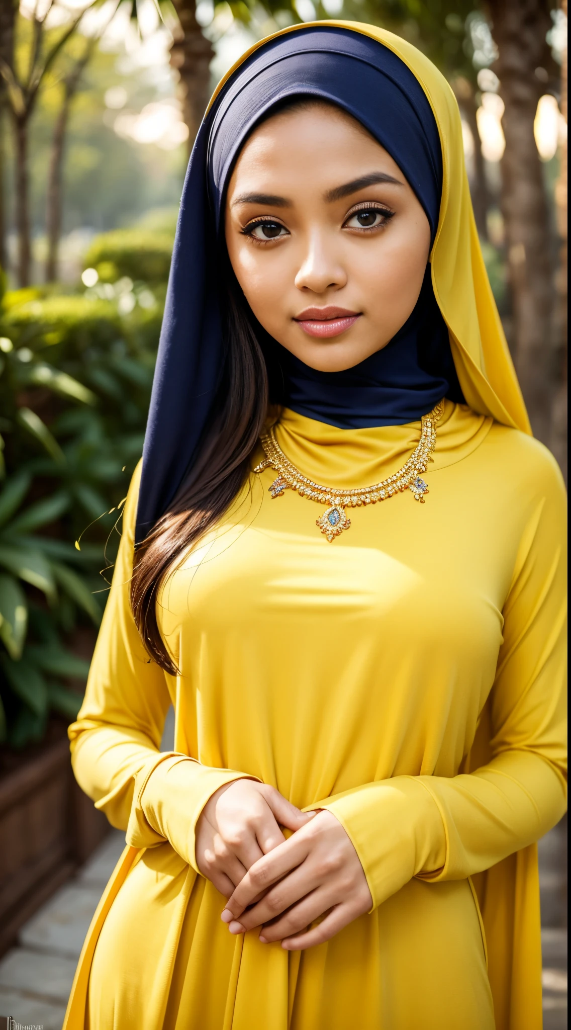 RAW, Best quality, high resolution, masterpiece: 1.3), beautiful Malay woman in hijab,Masterpiece, perfect slim fit body, Huge breast,big gorgeous eyes, Soft smile,a close up of a woman in a yellow dress and a blue scarf, jacked yellow, wearing yellow attire, wearing beautiful clothes, beautiful design, hijab, in crimson yellow, very beautiful enga style, beautiful masterpiece, fine details. Yellow, wearing gorgeous clothing, dominating yellow and blue color, crimson themed , (Delicate turtleneck) , necklace, shairband, afternoon walk, City garden, Excellent lighting, Bright colors, Clean lines