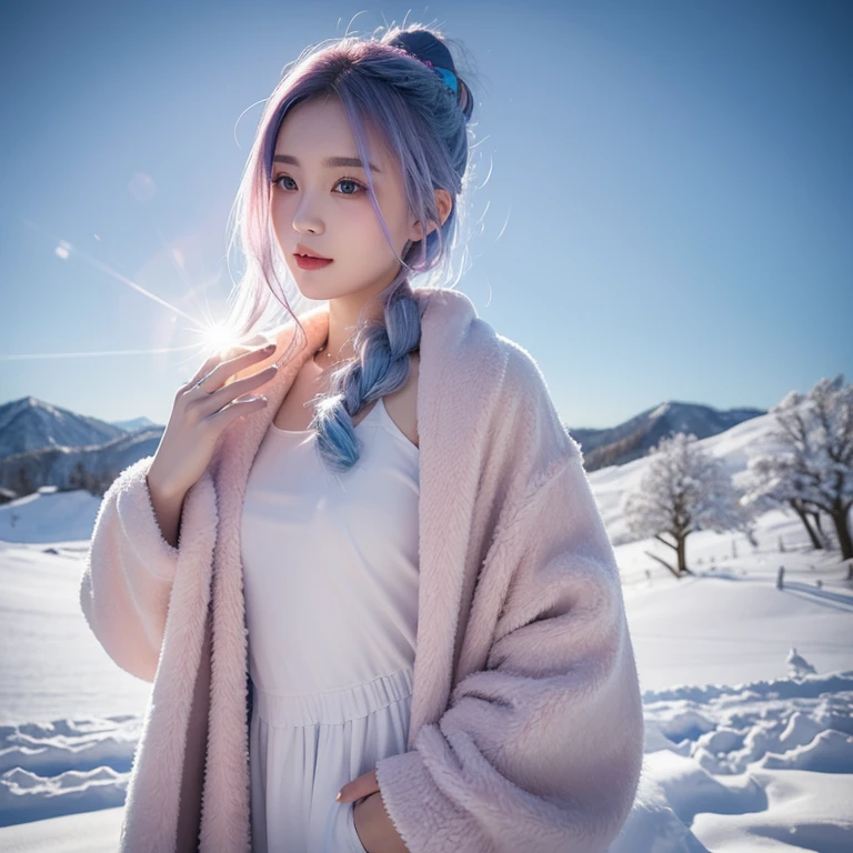 Against the backdrop of winter,The details of the beauty with blue-pink hair are even more fascinating。Her hair exudes a faint fragrance,Like flowers blooming in the cold season。Every strand of hair is as smooth as silk,Gently brushing her smooth forehead,Added a charming and charming temperament to her。
Her eyes are bright and crystal clear lake water,Showing a clear and flawless luster in the world of and snow。Eyes are deep and full of energy,Shining with warmth in the cold winter。when she blinks her eyes,Like stars in the and snow shining in the cold night sky,It's mesmerizing。
Her facial lines are beautiful and delicate,The skin is as fair as snow,As if enchanted by the winter sun。Her face is soft and slender,The slightly raised corners of the mouth outline a charming smile,Let people fall into endless imagination and reverie。
She has a gorgeous down jacket draped behind her back,Delicate and soft fabric feels warm to the touch like velvet。The coat is embellished with delicate sequins and beads,Like a diamond shining in the and snow,Make her even more dazzling。
Wearing several slender and elegant rings on her fingertips,Each one exudes a faint light,It adds a sense of elegance and magnificence to her overall look.。
generally,Against the backdrop of winter,This beauty with blue-pink hair is so heartwarming。The details of her appearance all show her uniqueness and charm.,Like the most beautiful scenery in winter,People can't help but fall for it。