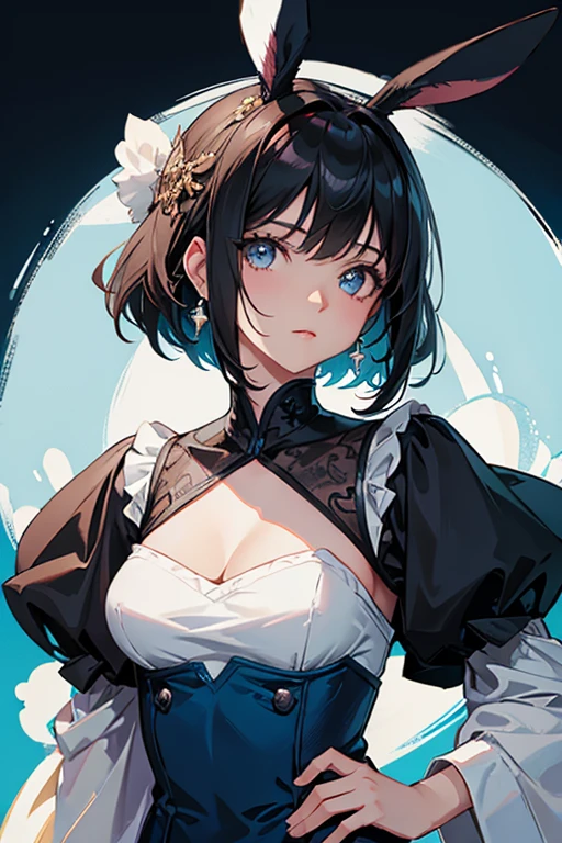 Top view, Woman with asymmetrical short hair, Gothic Lolita Fashion, A dynamic pose, Collage with black flowers, Anime Style, Simple lines, Digital Painting, (masterpiece, High resolution, Highest quality)