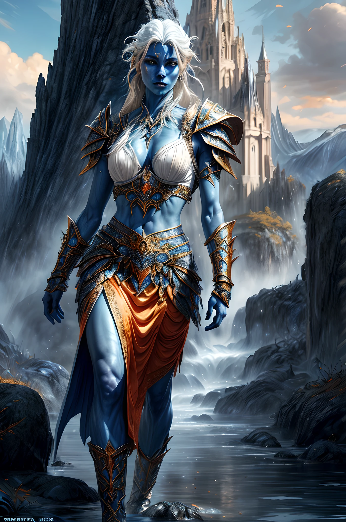 fantasy art, dnd art, RPG art, drkfntasy wide shot, (masterpiece:1.3), full body intense details, highly detailed, photorealistic, best quality, highres, portrait a vedalken female (fantasy art, Masterpiece, best quality: 1.3) (blue colored skin: 1.3), intense details facial details, exquisite beauty,  (fantasy art, Masterpiece, best quality)cleric, (blue colored skin: 1.3) 1person blue_skin, (white hair: 1.3), long hair, intense green eye, fantasy art, Masterpiece, best quality) armed a fiery sword red fire, wearing heavy (white: 1.3) half plate mail armor LnF wearing high heeled laced boots, wearing an(orange :1.3) cloak, wearing glowing holy symbol GlowingRunes_yellow,  within fantasy temple background and sun and clouds, reflection light, high details, best quality, 16k, [ultra detailed], masterpiece, best quality, (extremely detailed), dynamic angle, ultra wide shot, photorealistic, RAW, fantasy art, dnd art, fantasy art, realistic art