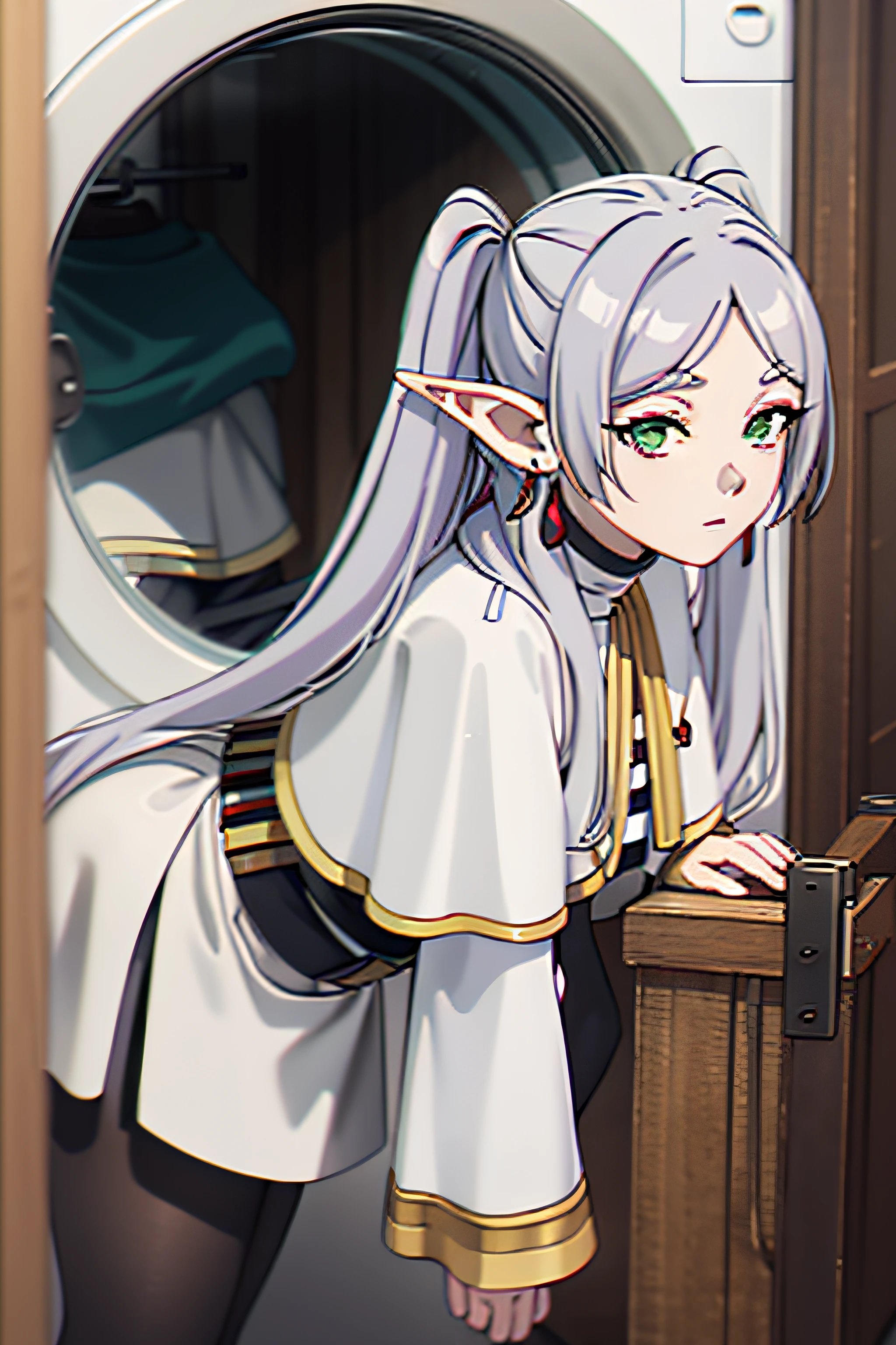 1girl, (half body inside washing machine), (ass facing viewer), bent over, frieren, long hair, twintails, (green eyes:1.3), grey hair, pointy ears, elf, horizontal striped shirt, long sleeves, jewelry, earrings, black pantyhose, white capelet, striped shirt, masterpiece, best quality, highly detailed