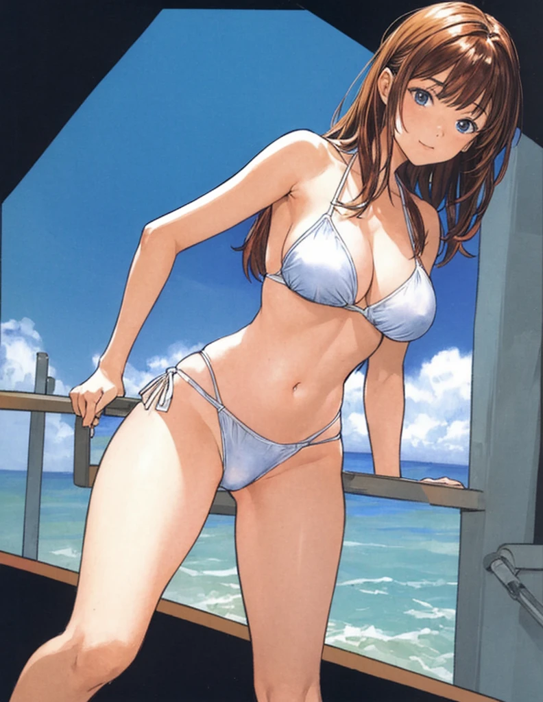 A beautiful woman with shoulder-length brown hair, big breasts, and beautiful legs is standing by the school pool in a white bikini.。