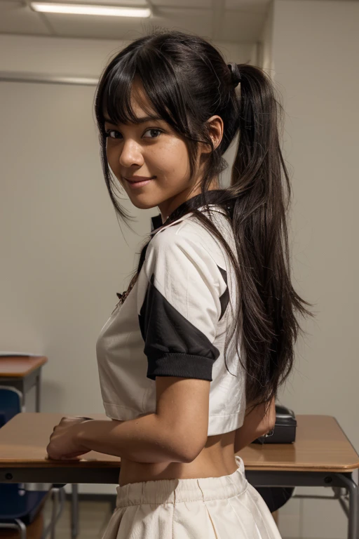 best quality, masterpiece, highres, solo, {nagatoro_hayase_donttoywithmemissnagatoro:1.15}, black_hair, long_hair, dark-skinned_female, dark_skin, brown_eyes, hairclip, hair_ornament, blush, bangs, smile, 1girl, closed_eyes, fang, open_mouth, skin_fang, side_ponytail, :d, upper_body, facing_viewer, ponytail, school_uniform, v