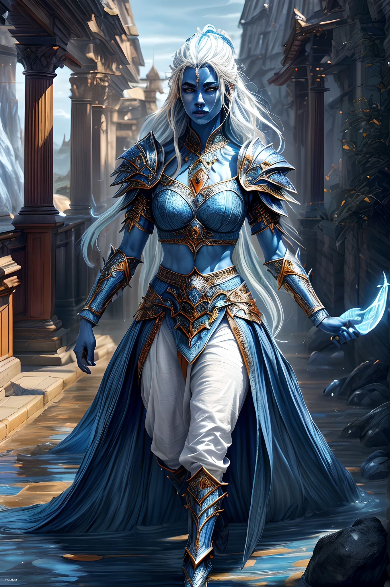 fantasy art, dnd art, RPG art, drkfntasy wide shot, (masterpiece:1.3), full body intense details, highly detailed, photorealistic, best quality, highres, portrait a vedalken female (fantasy art, Masterpiece, best quality: 1.3) (blue colored skin: 1.3), intense details facial details, exquisite beauty,  (fantasy art, Masterpiece, best quality)cleric, (blue colored skin: 1.3) 1person blue_skin, (white hair: 1.3), long hair, intense green eye, fantasy art, Masterpiece, best quality) armed a fiery sword red fire, wearing heavy (white: 1.3) half plate mail armor LnF wearing high heeled laced boots, wearing an(orange :1.3) cloak, wearing glowing holy symbol GlowingRunes_yellow,  within fantasy temple background and sun and clouds, reflection light, high details, best quality, 16k, [ultra detailed], masterpiece, best quality, (extremely detailed), dynamic angle, ultra wide shot, photorealistic, RAW, fantasy art, dnd art, fantasy art, realistic art