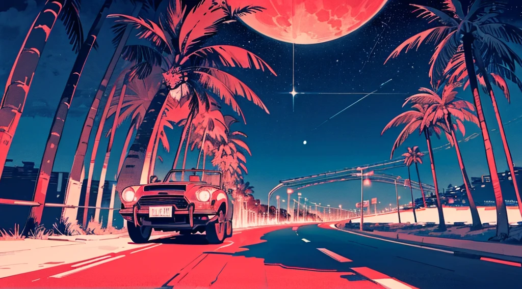 (cyberpunk road by the sea, red glowing road, starry sky, big moon, palm trees), (classic convertible car), (low contrast, flat color, limited palette)