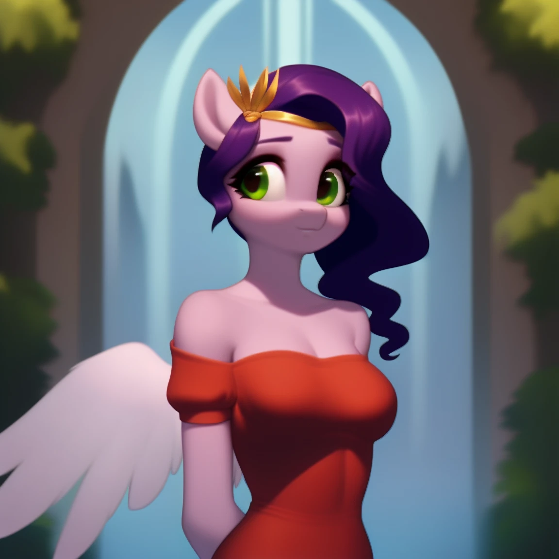 (score_9), (source_pony), (solo), (pegasus), ((anthro pipp petals :1.1)), (strapless tight dress, sexy, nervous , long hair, anatomically correct, night garden, standing near fountain, medium breasts, half body, solo, light purple fur, green eyes, arms behind back, hour glass figure, curvy, young,